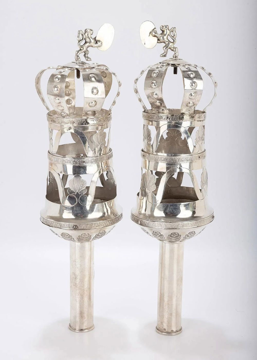 A PAIR OF LARGE SILVER TORAH FINIALS. Germany, c. 1800. In architectural form. Decorated with 