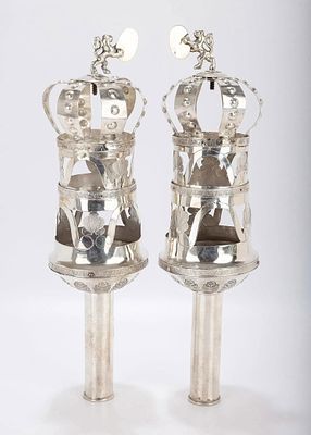 A PAIR OF LARGE SILVER TORAH FINIALS. Germany, c. 1800. In architectural form. Decorated with 