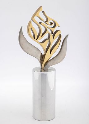 MICHEL SCHWARTZ CHROME & BRASS- PLATED SCULPTURE. modern. On aluminum base with and Alef- Beis 