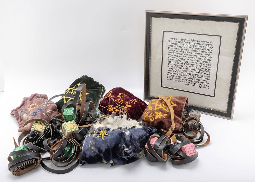 A LARGE GROUP OF TEFILLIN AND A PARTIAL SHIR HASHIRIM ON KLAF. Comprised of several pairs of 