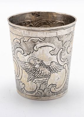 A LARGE ANTIQUE SILVER KIDDUSH BEAKER. Moscow, 18th century. Hand chased with eagles and 