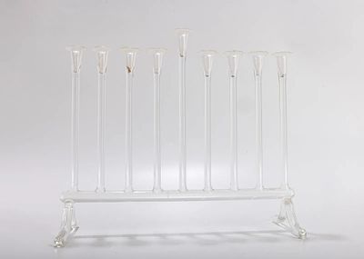 A GLASS MENORAH. Italy or Israel, 20th century. On two supports with nine candle holders. 11 