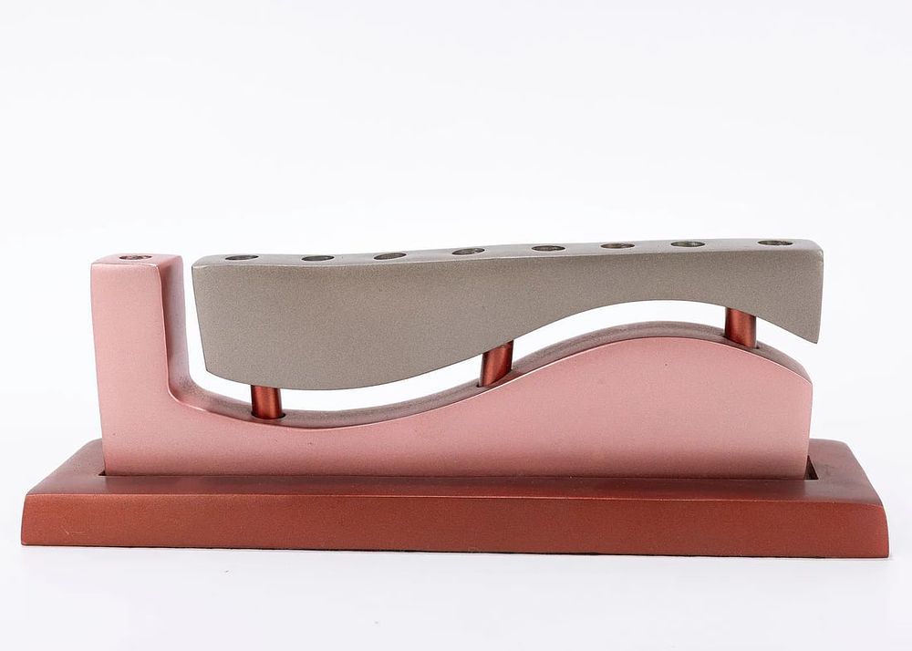 AN ANODIZED ALUMINUM HANUKKAH LAMP BY EMANUEL. Israel, modern. Composed of two colors of 