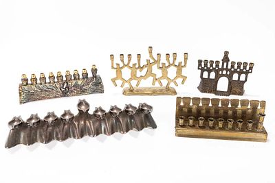 A GROUP OF FIVE HANUKKAH LAMPS. Probably Israel, modern. Each one of a different design. The 