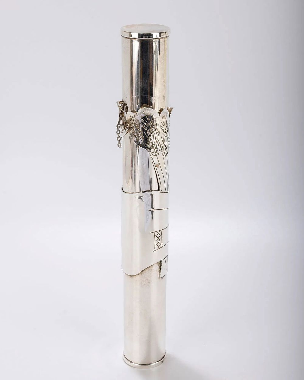 A HANDWROUGHT MEGILLAH CASE WITH PAPER MEGILLAH. Most likely Israel. Hand crafted and silver 