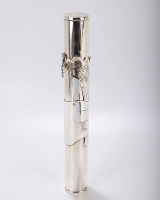 A HANDWROUGHT MEGILLAH CASE WITH PAPER MEGILLAH. Most likely Israel. Hand crafted and silver 