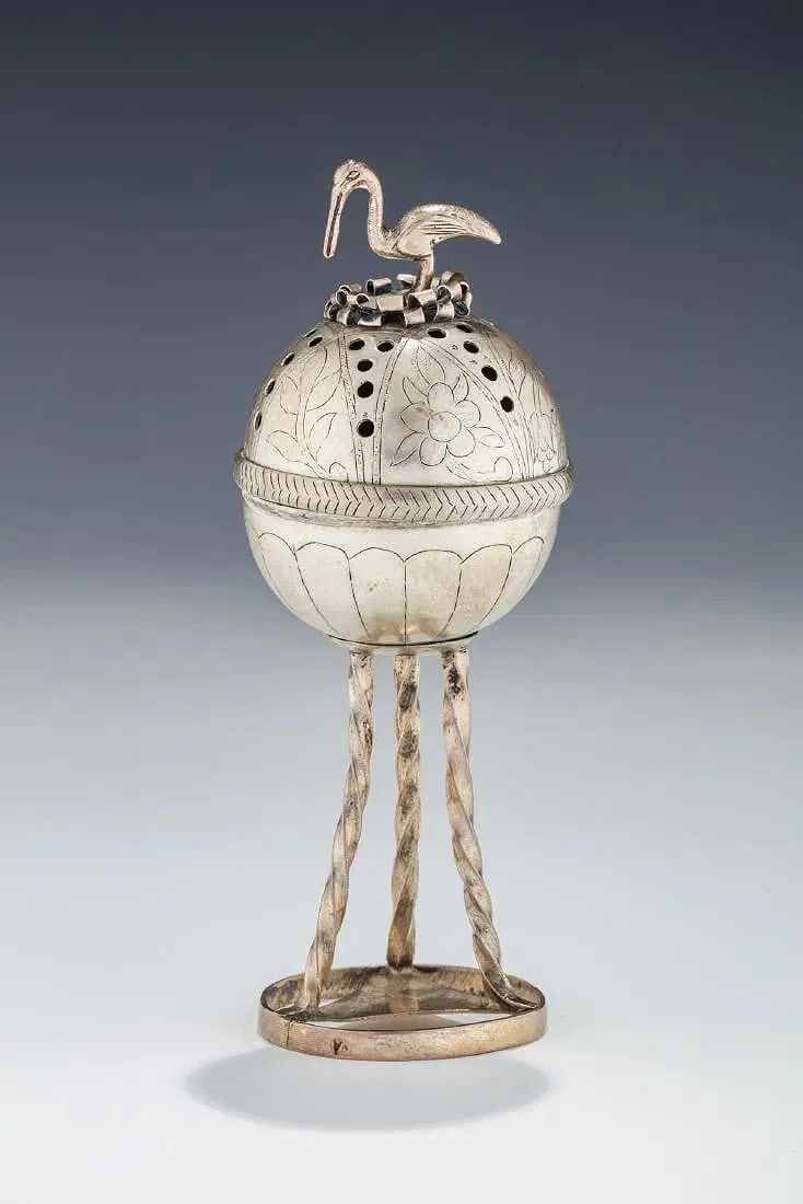 A RARE SILVER SPICE CONTAINER. Poland, c. 1800. Poland, c. 1810. On a round base connected by 