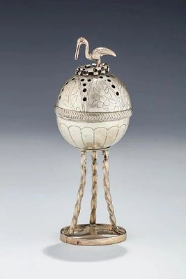 A RARE SILVER SPICE CONTAINER. Poland, c. 1800. Poland, c. 1810. On a round base connected by 