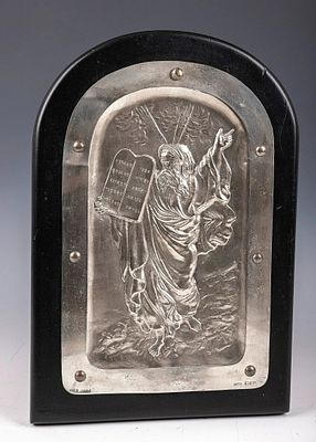AN EARLY PLAQUE OF MOSES COMING DOWN THE MOUNTAIN BY BEZALEL. Jerusalem, c. 1915. Mounted on 