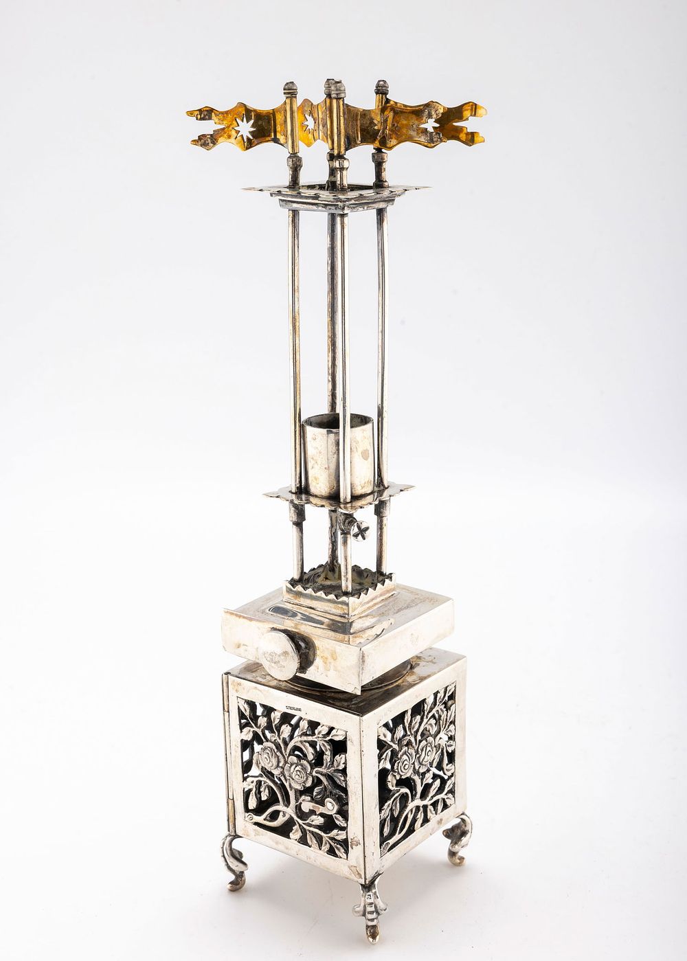 A MONUMENTAL STERLING SILVER HAVDALAH COMPENDIUM. On four stylized feet with a lattice work main 
