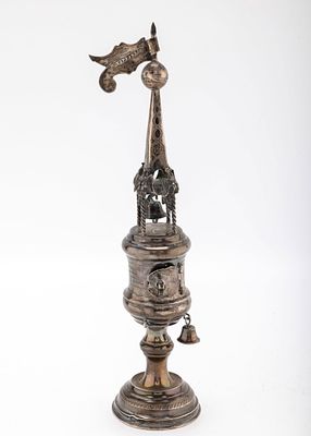 A LARGE SILVER SPICE TOWER BY M. KHARLOP. Warsaw, c.1890. On a round base and of spool form. 