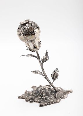 SILVER POMANDER SHAPED SPICE CONTAINER. Probably Poland, 20th century. On a floral shaped base with