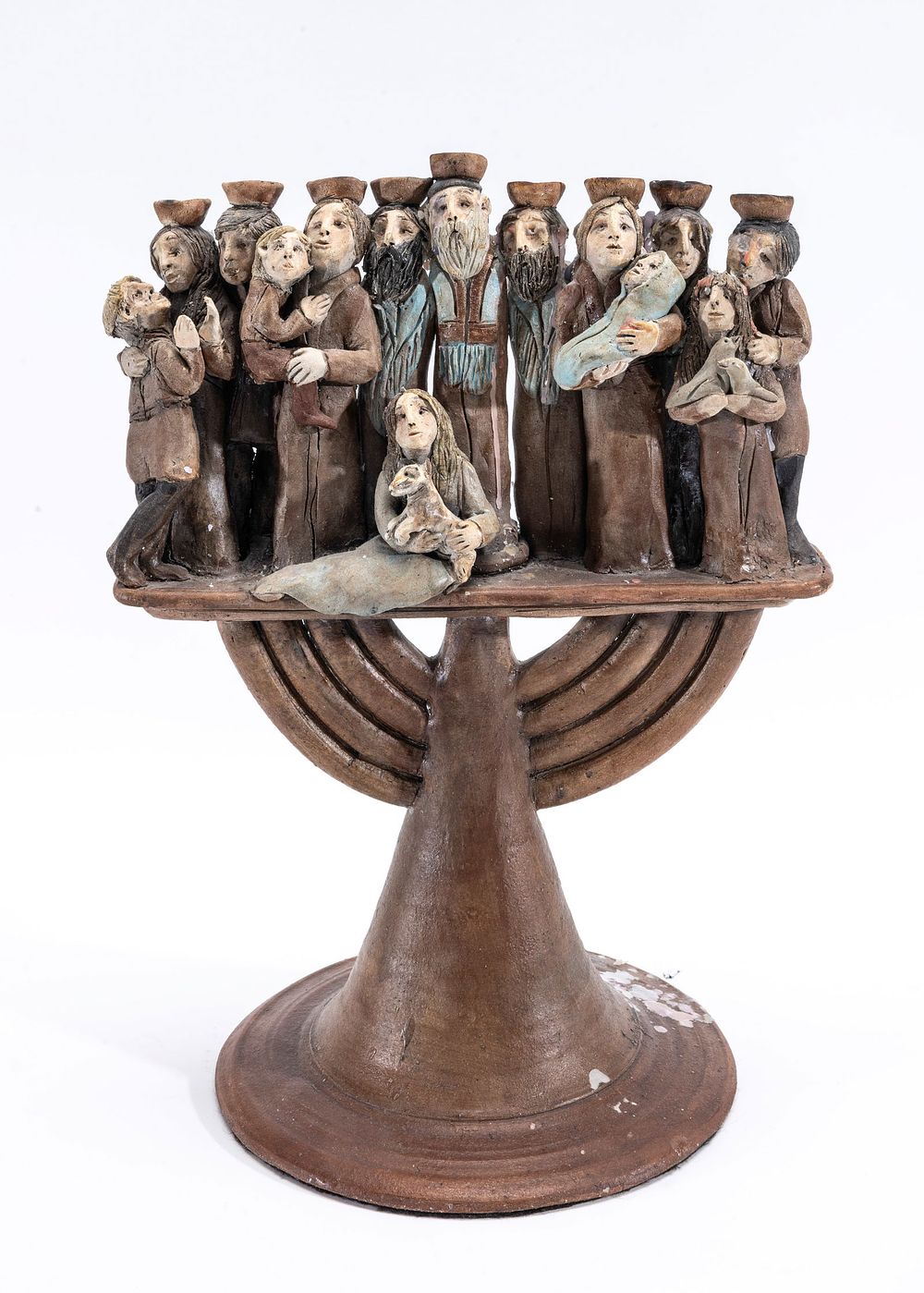 A HANDCRAFTED MENORAH OF HOLOCAUST SURVIVORS. Hand painted and crafted. The candle holders are 