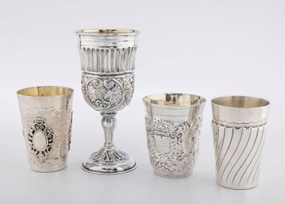 A GROUP OF FOUR STERLING SILVER KIDDUSH CUP. Israel and others. Modern. Israel and American 
