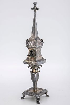 A LARGE STERLING SILVER SPICE TOWER BY HAZORFIM. Israel, modern. On four legs and a square 