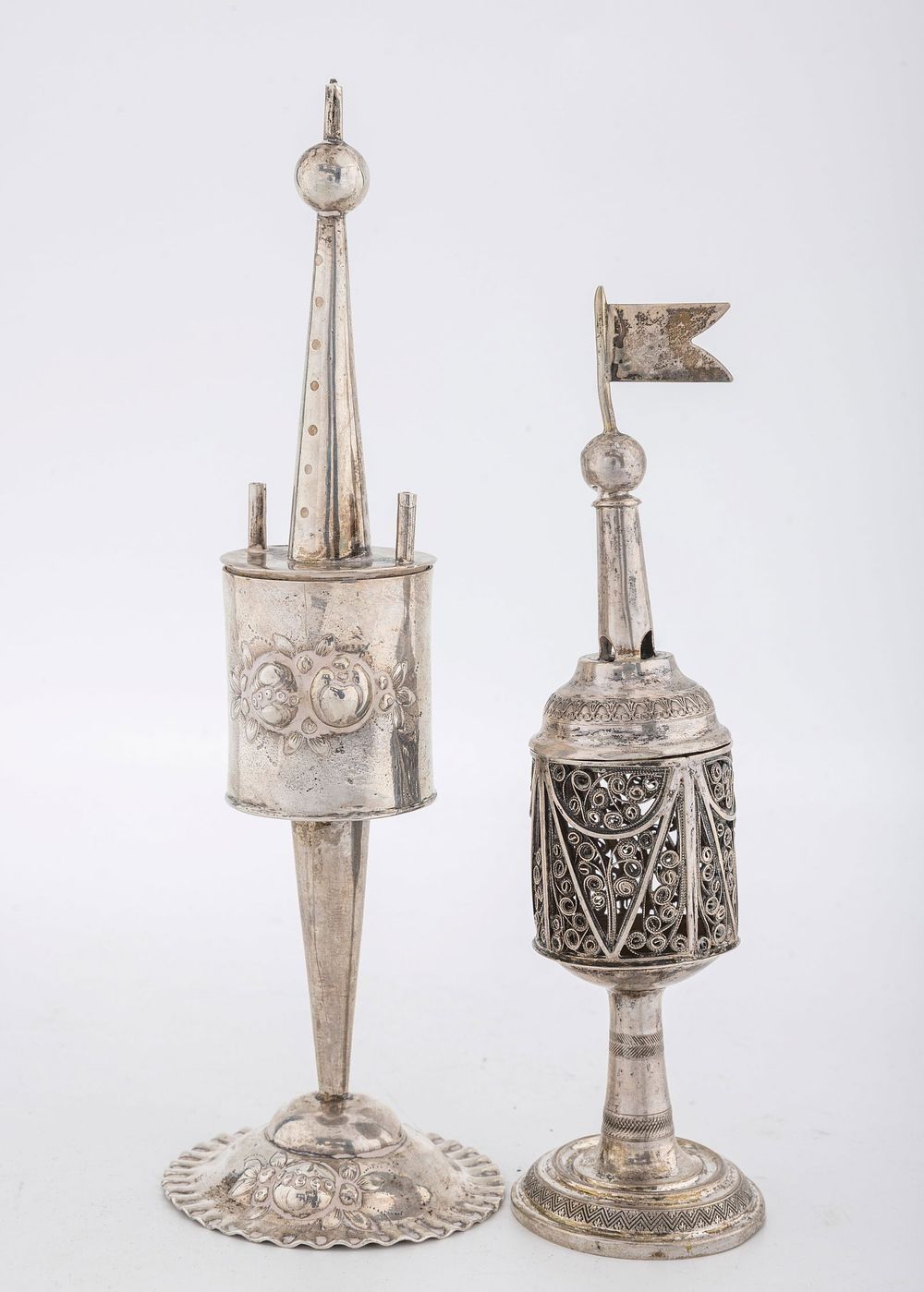 TWO ANTIQUE SILVER SPICE TOWERS. Germany, late 19th century. The first one is on a crimped base 