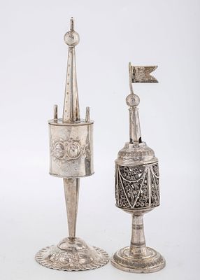TWO ANTIQUE SILVER SPICE TOWERS. Germany, late 19th century. The first one is on a crimped base 
