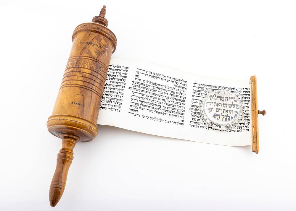 A LARGE MEGILLAT ESTHER IN ORIGINAL OLIVEWOOD CASE. Palestine, c. 1920. The main body is carved 