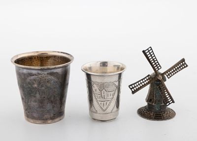 TWO SILVER KIDDUSH CUPS AND A SILVER WINDMILL. Germany, The Netherlands and Russia, all c. 