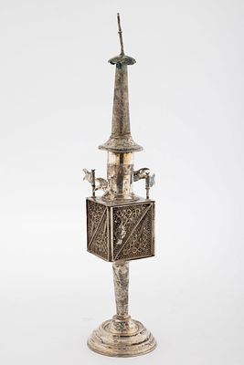 A LARGE SILVER FILIGREE SPICE TOWER. Berlin, c. 1880. On round base with square spice section 