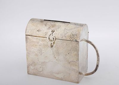 A HAND WROUGHT STERLING SILVER CHARITY CONTAINER. American, c.2000. In the shape of a matzeivah. 