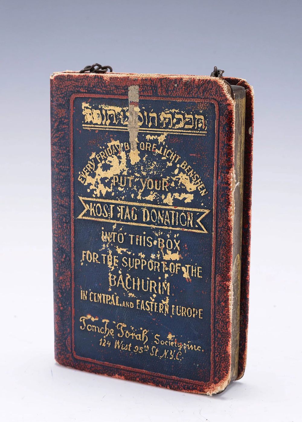 A BOOK FORM CONTAINER. New York, c. 1925. Collecting funds for Chevrah Tomche Torah which 