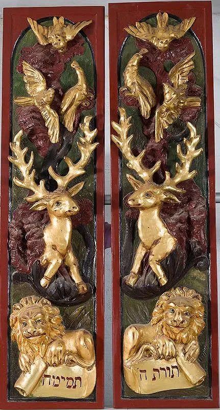 A MAGNIFICENT PAIR OF HAND CARVED TORAH ARK DOORS. A Magnificent and Rare Pair Gilded and 
