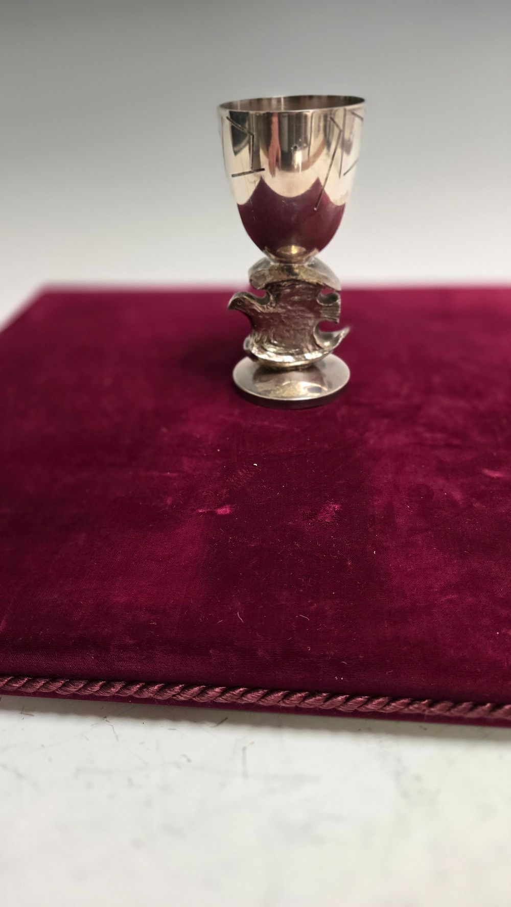 A HEAVY STERLING SILVER KIDDUSH CUP BY GEORGES WEIL NUMBER 1. London, 1980. Dove of Peace cup. 