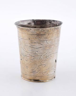 AN EARLY AND LARGE SILVER KIDDUSH CUP. Poland, c. 1820. Engraved with a running stag and 