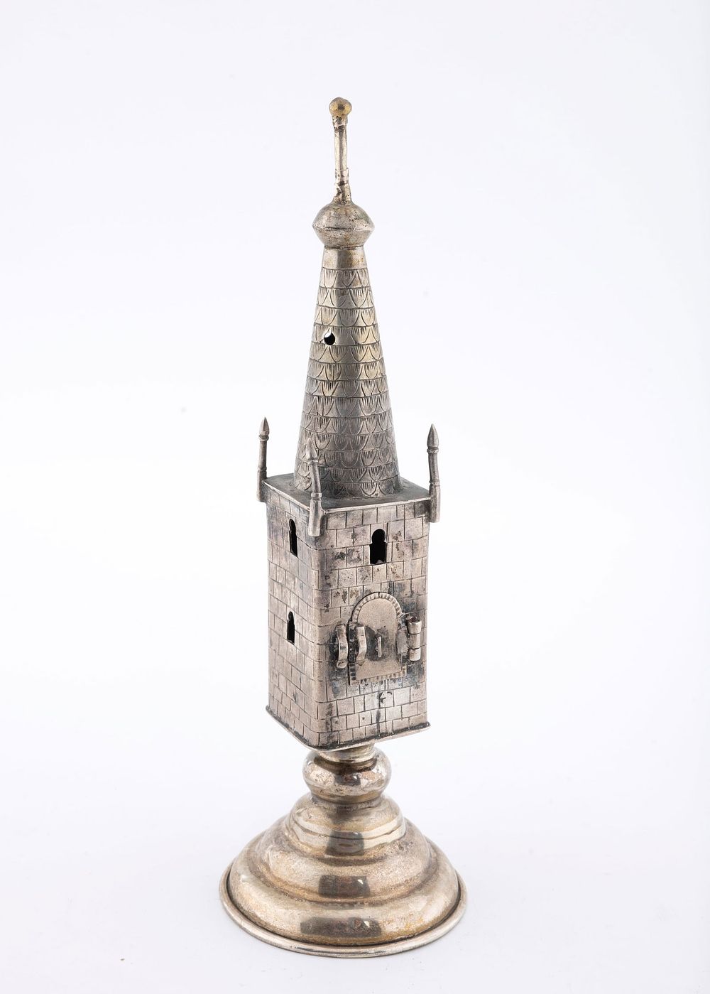 A SILVER SPICE TOWER. TOWER FORM. GERMANY, 20TH CENTURY. On a domed base with a castle shaped 