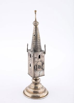 A SILVER SPICE TOWER. TOWER FORM. GERMANY, 20TH CENTURY. On a domed base with a castle shaped 