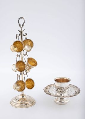 A STERLING SILVER MAYIM ACHRONIM AND BEAKER TREE. Israel, modern. The mayim achronim (3.5" 