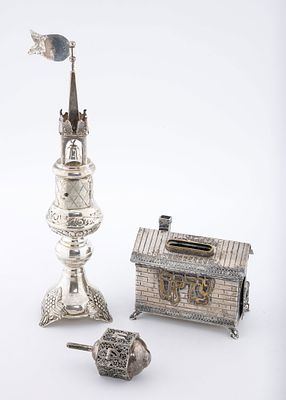 A GROUP OF STERLING SILVER JUDAICA: SPICE BOX, CHARITY BOX AND DREIDEL. The spice box (11" tall) 