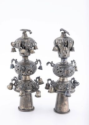 A PAIR OF ANTIQUE STERLING SILVER TORAH FINIALS. New York, c. 1900. Tradtional form. Hand cut 