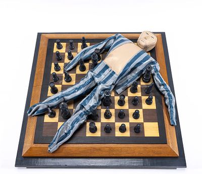 SCOTT HIGGINS - SURVIVOR ON CHESSBOARD. Survivor on a chess board OBJECT OF THE GAME 1998. 19" x 19"