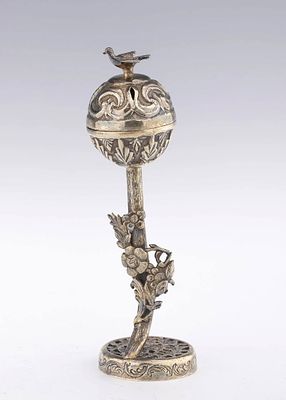 A SILVER SPICE CONTAINER. Probably China, c. 1890. On a round lattice work base with elongated 