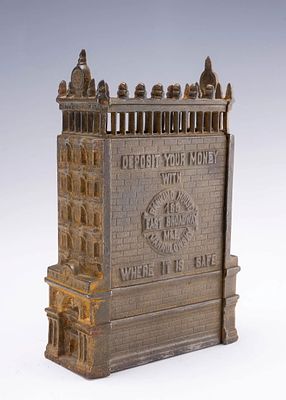 A CAST IRON SAVINGS BANK OF THE JARMULOWSKY BUILDING. New York, early 20th century. 