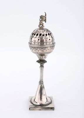 A SILVER SPICE CONTAINER. Poland, c. 1820. On a square base with inward tapering design. Upper 