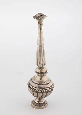 A SILVER ROSE WATER CONTAINER. Ottoman Empire, c. 1900. Traditional bottle form. 4.5" tall.