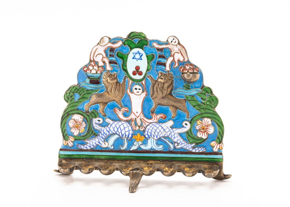 A SILVER AND ENAMEL MINIATURE HANUKKAH LAMP. Decorated lions, angels, a Jewish star and 