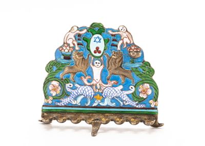 A SILVER AND ENAMEL MINIATURE HANUKKAH LAMP. Decorated lions, angels, a Jewish star and 