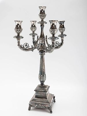 A LARGE STERLING SILVER SABBATH CANDELABRA BY HAZORFIM. Israel, c. 2000. In the shape of a 