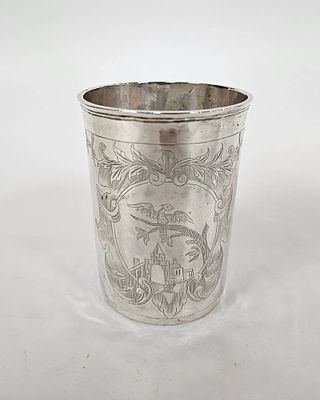 AN ANTIQUE SILVER CUP. Russia, 1775. Beaker form. Engraved with town scenes, cartouches, and 