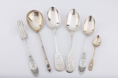A GROUP OF RUSSIAN SILVER FLATWARE. All pre-revolution. Includes two large spoons 8" long each 