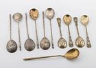 A GROUP OF SILVER APOSTLE SPOONS. Seven Russian with sharp hand engraving dated 1888 5" and5.4". Image - 1