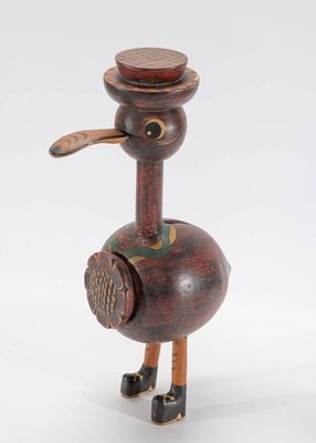 A LARGE HAND PAINTED WOODEN SAVINGS BANK. In the shape of a duck. 16" tall.