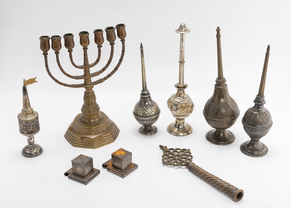 A COLLECTION OF JUDAICA OBJECTS INCLUDING ROSEWATER CONTAINERS. Including four rosewater 