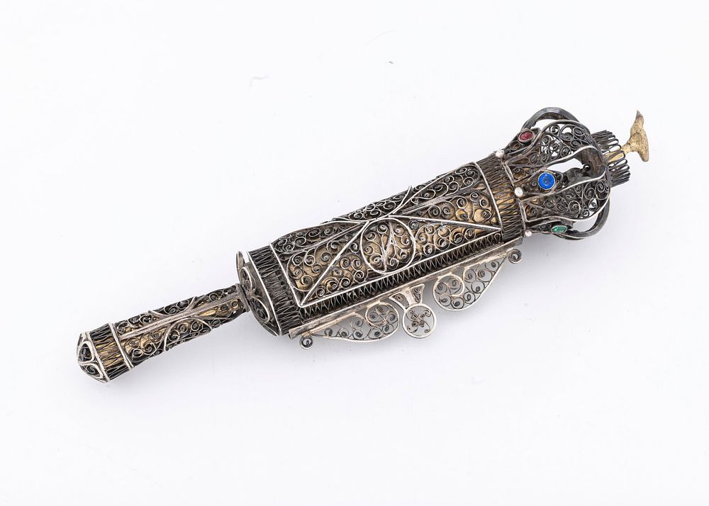 A FINE FILIGREE SILVER MEGILLAH CASE. Ukraine, c. 1830. Hand spun fine filigree megillah case 