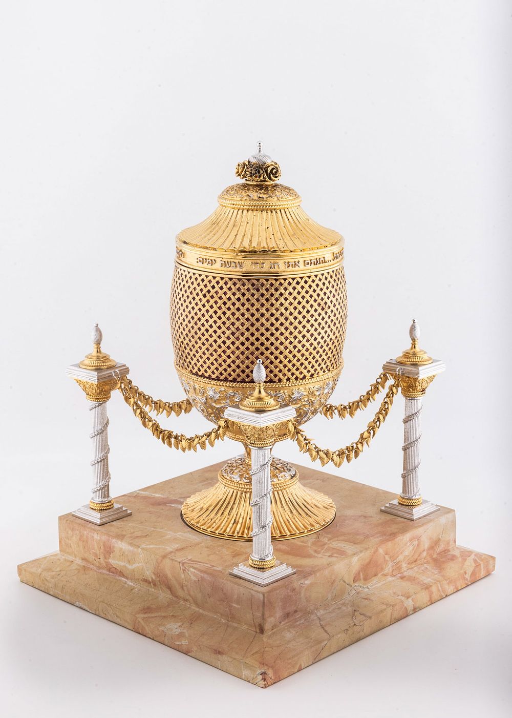 A MAGNFICENT STERLING AND JERUSALEM STONE ETROG CONTAINER BY IMG (GIRSHENGORN) JUDAICA SILVERSMITHS.