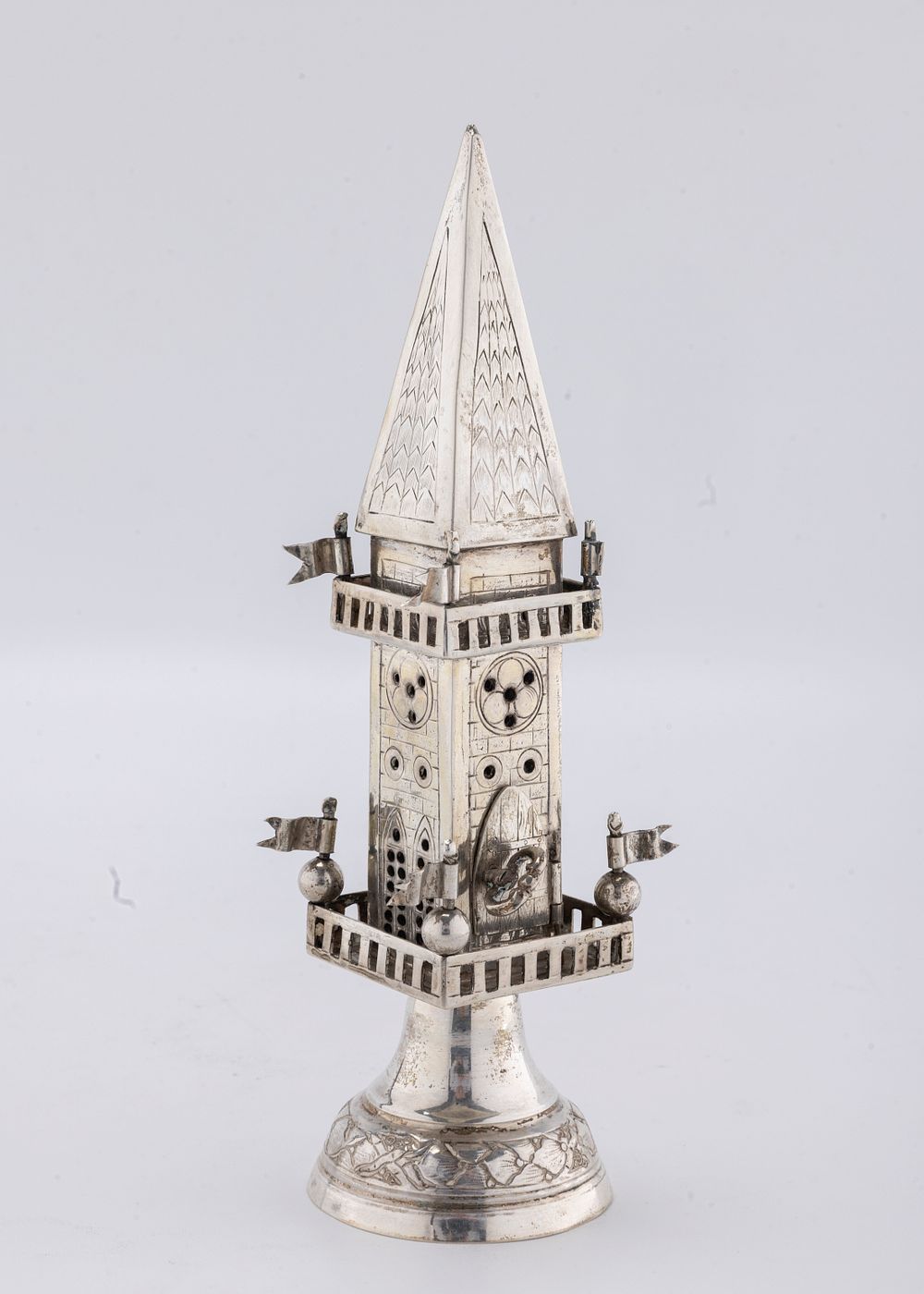 A SILVER CASTLE FORM SPICE TOWER. Germany, c. 1860. On a round domed bas with four balconies 
